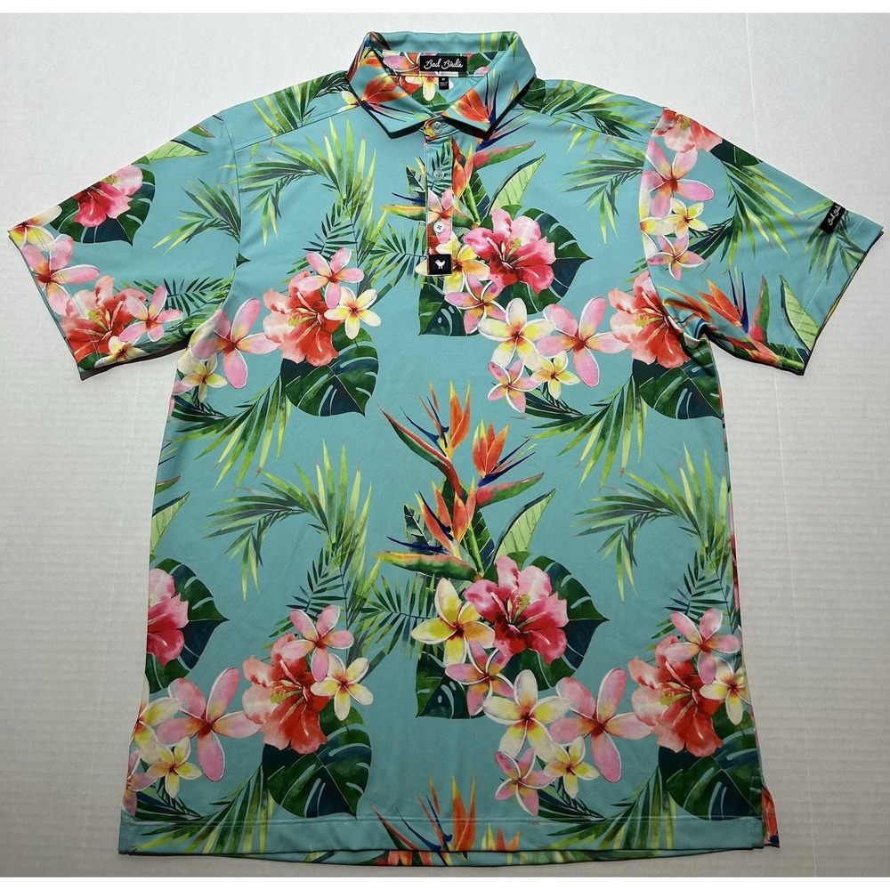 Bad Birdie Mens Golf Polo Shirt Medium Tropical Print Short Sleeve Performance